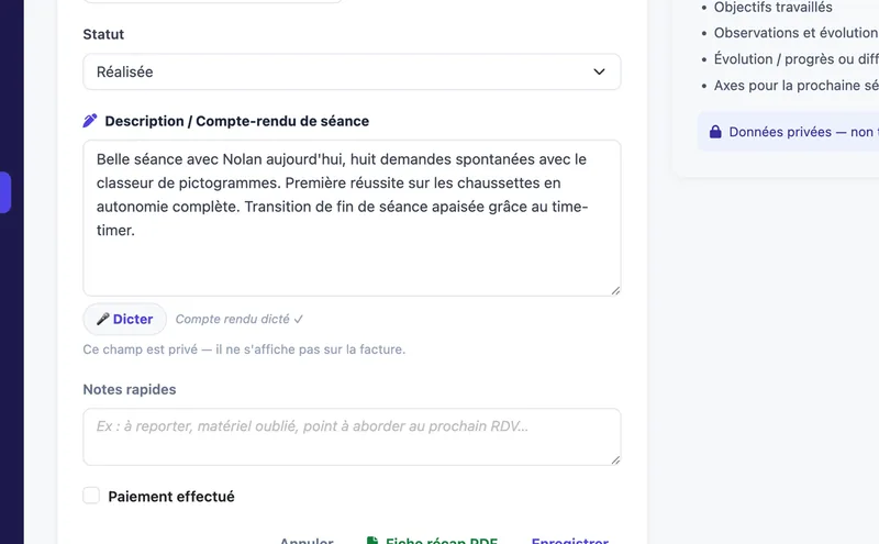 Compte-rendu de séance rempli par la dictée vocale de Practly