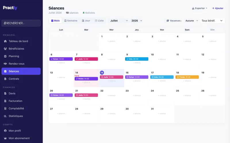 Planning du mois dans Practly, une couleur par personne suivie