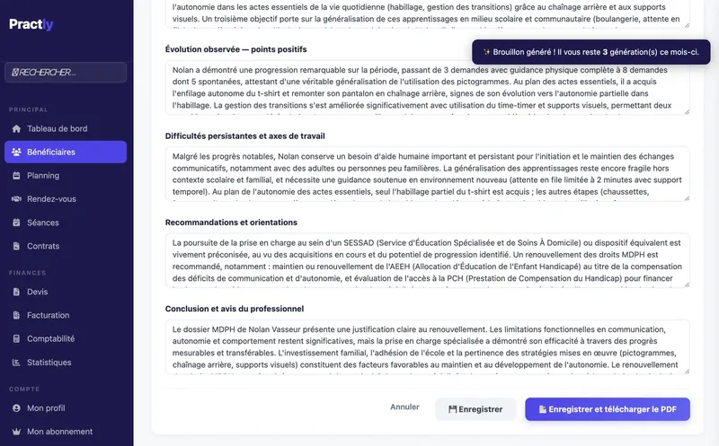Synthèse de suivi rédigée par l'assistant IA de Practly à partir des notes de séances