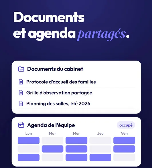 Documents du cabinet et agenda de l'équipe partagés dans Practly