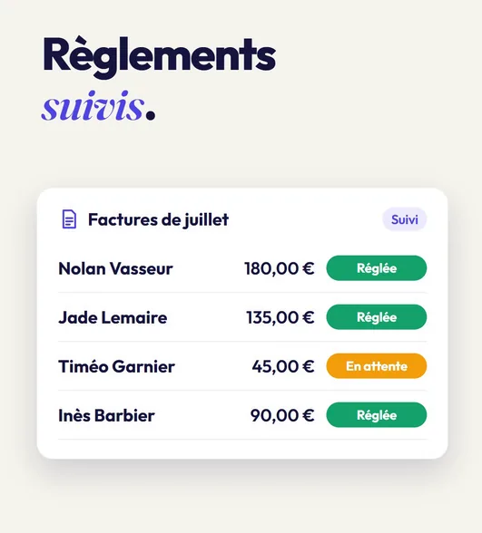 Liste des factures du mois dans Practly avec leur statut : réglée ou en attente
